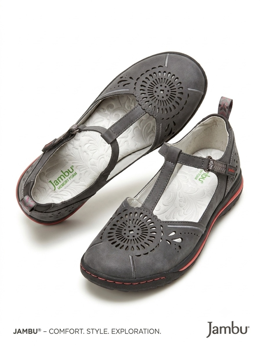 Jambu NWOT Charcoal Laser-Cut T-Strap Flats with Medallion